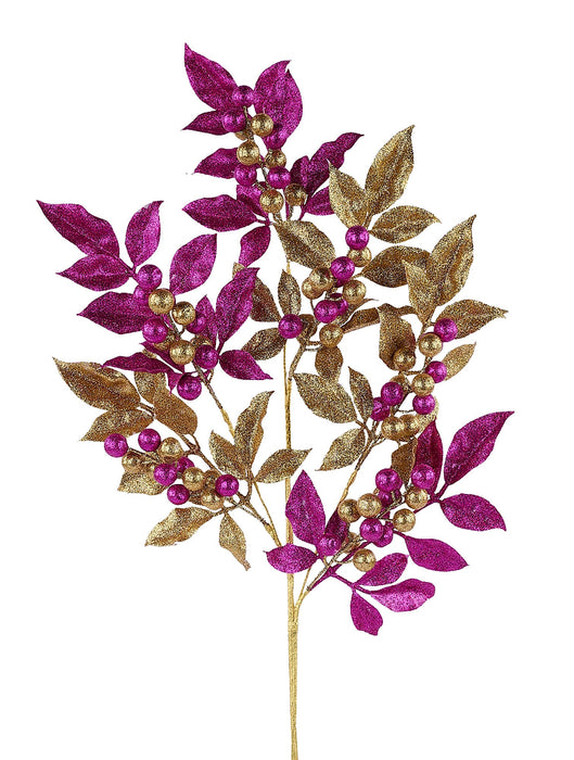 34"L Laser Glitter/Plastic Leaf Spray Fuchsia/Gold XS2588F9