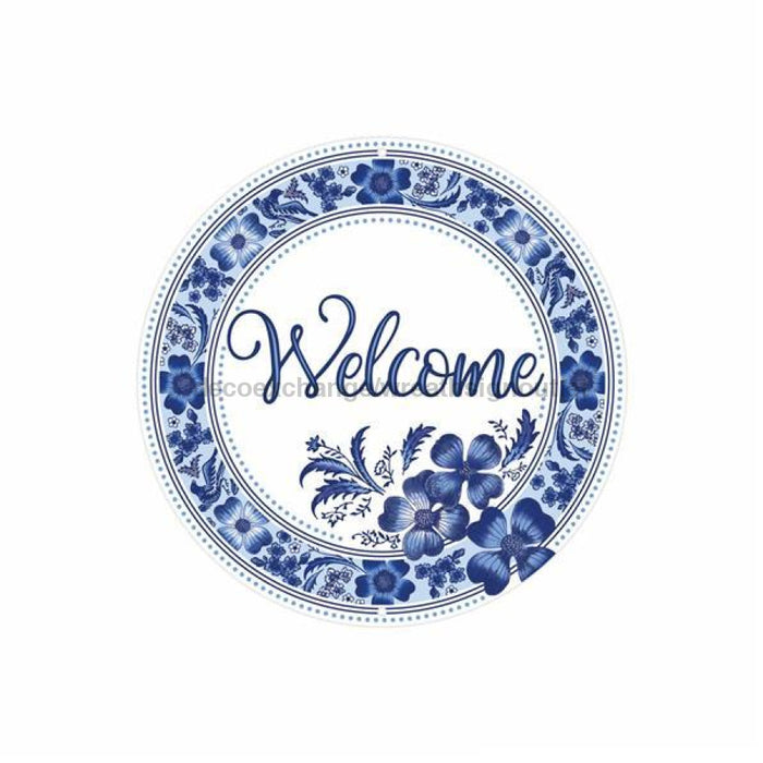8’Dia Metal Welcome Floral Sign White/Blue Md1355