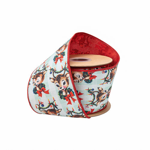 4" Wired Dupioni Ribbon Retro Deer with Wreath Red Backing 9746W-552-100E