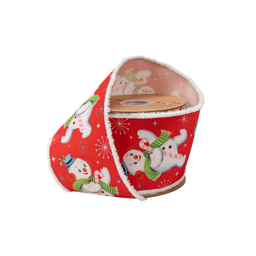 4" Wired Dupioni Ribbon Retro Snowman on Red Pom Pom Edge White Backing 9757W-250-100E