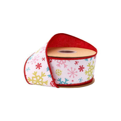 2 1/2" Wired Dupioni Ribbon Multi Colored Snowflakes on White Red Backing 9758W-029-63E