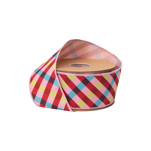 2 1/2" Wired Dupioni Ribbon Pink/Red/Blue Bias Plaid Pink Backing 9760W-005-63E