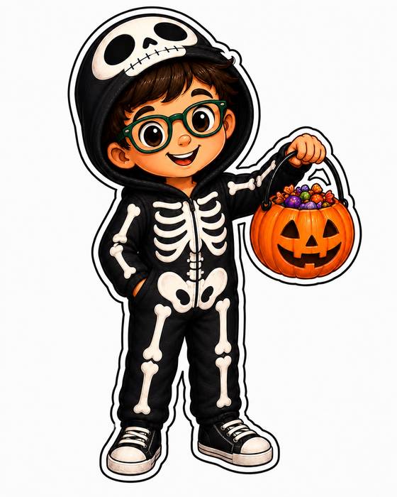 Boy in Skeleton Costume with Glasses, DBJ-W-0074, 14in Sign For Wreath, Wood Wreath Sign