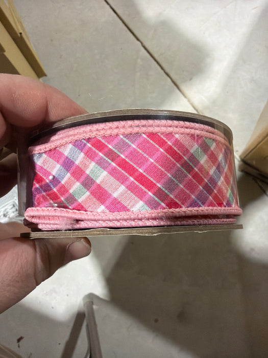 1.5” x 10yds dupion diagional camellia plaid, pink HOT PINK BACK - DecoExchange®