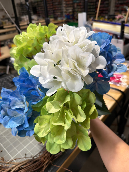 16"L Fabric Hydrangea Bush X5 Blue/Green/White FN175438 - DecoExchange
