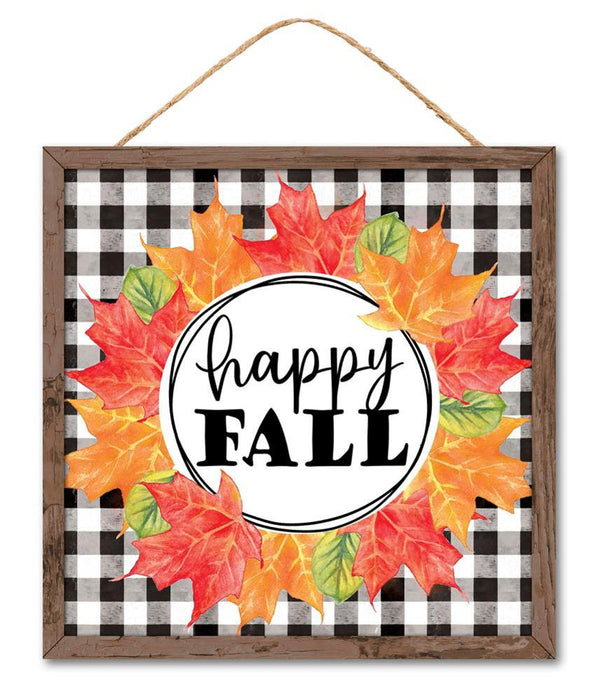 10"Sq Happy Fall W/Leaf Wreath Sign Black/White/Red/Orng/Moss AP7213