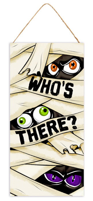 12.5"Hx6"L Who'S There? Mummy Eyes Sign Wht/Blk/Orng/Purple/Lime AP7417A9