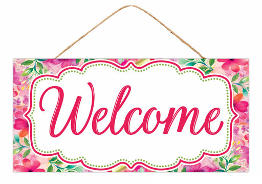 12.5"L X 6"H Welcome W/Floral Frame Sign White/Green/Pink AP744122 - DecoExchange®