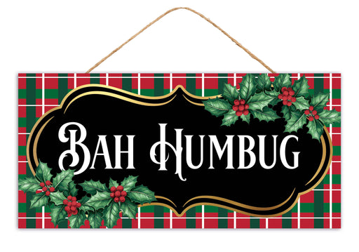 12.5"L X 6"H Bah Humbug Plaid Sign Black/Wht/Gold/Red/Emrld AP8613