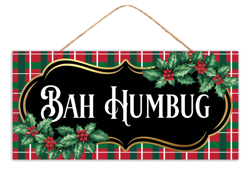 12.5"L X 6"H Bah Humbug Plaid Sign Black/Wht/Gold/Red/Emrld AP8613