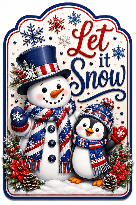 Let It Snow Snowman and Penguin, MF-W-0110, 12in Sign For Wreath, Wood Wreath Sign