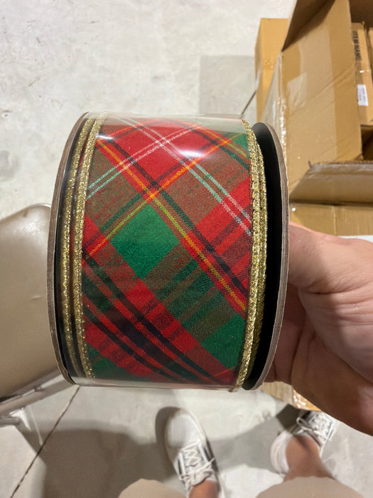 2.5“ x 10yds dupion diagonal asher plaid metallic gold back, red green white