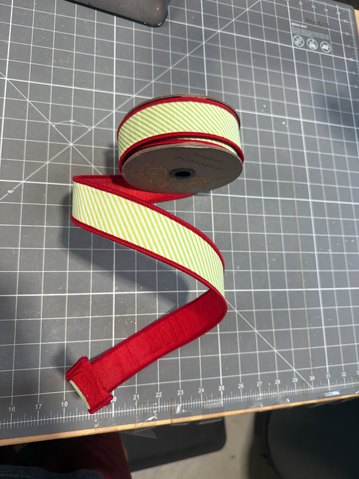 1.5” X 10Yds Dupion Diagonal Stripes Red Backing, Lime Green White 05-2234