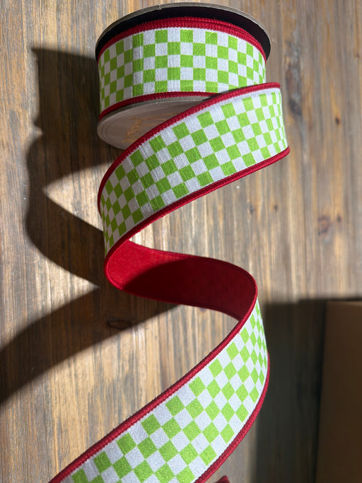 1.5” X 10Yds Dupion Checks Red Backing, Lime Green White 05-2236 - DecoExchange®