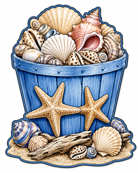 Beach Bucket with Seashells and Starfish, PS-W-0074, 12in Sign For Wreath, Wood Wreath Sign