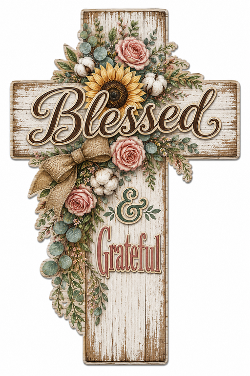 Blessed and Grateful Cross, PS-W-0019, 12in Sign For Wreath, Wood Wreath Sign