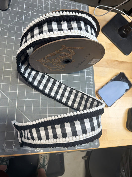 3” X 10Yds Dupion Check White Black Pom Pom Trim, Black White 05-1898
