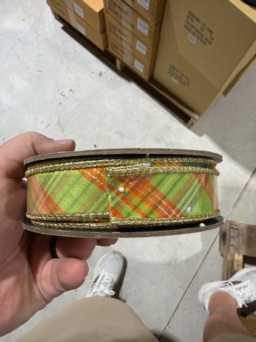 1” x 10yds dupion bias cut plaid, olive gold orange - DecoExchange®