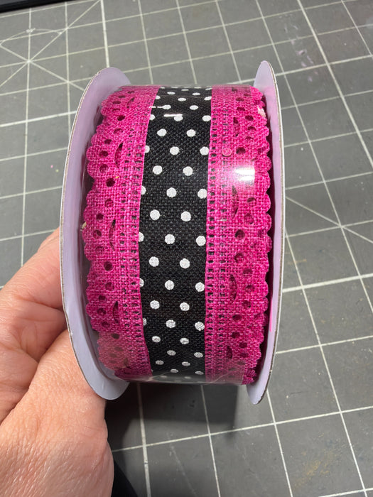 1.5"X10Yd Raised Swiss Dots With Lace Black/White/Fuchsia RG0886983 - DecoExchange