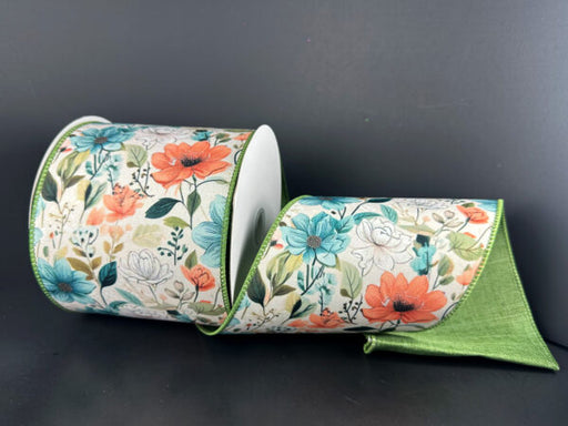 Dbl Sided Crmy Coral-Teal Flwrs/Sage Lin Back, 4"X10Y D43602-04-33 - DecoExchange®