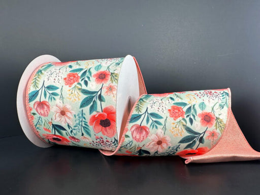 Dbl Sided Mint Satin/Coral-Crm Dainty Flwrs/ Coral Lin Back, 4"X10Y D43609-04-06 - DecoExchange®