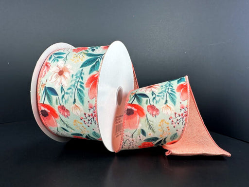Dbl Sided Mint Satin/Coral-Crm Dainty Flwrs/ Coral Lin Back, 2.5"X10Y D43609-40-06 - DecoExchange®