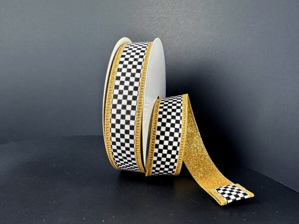 Double Sided: Black-White Checks/Gold Glitter Back-Edge, 1"X10Y D56614-10-15