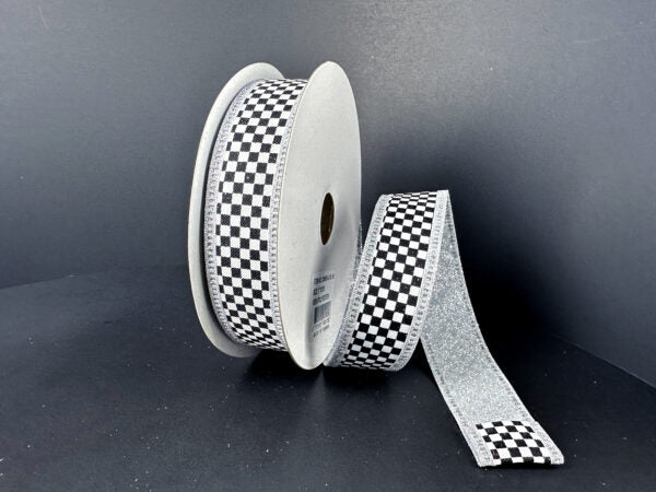 Double Sided: Black-White Checks/Silver Glitter Back-Edge, 1"X10Y D56614-10-16