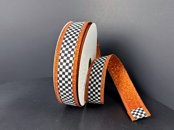 Double Sided: Black-White Checks/Orange Glitter Back-Edge, 1"X10Y D56614-10-19