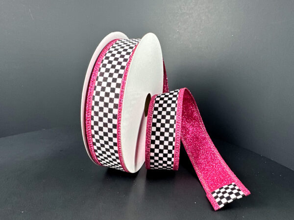 Double Sided: Black-White Checks/Fuchsia Glitter Back-Edge, 1"X10Y D56614-10-28