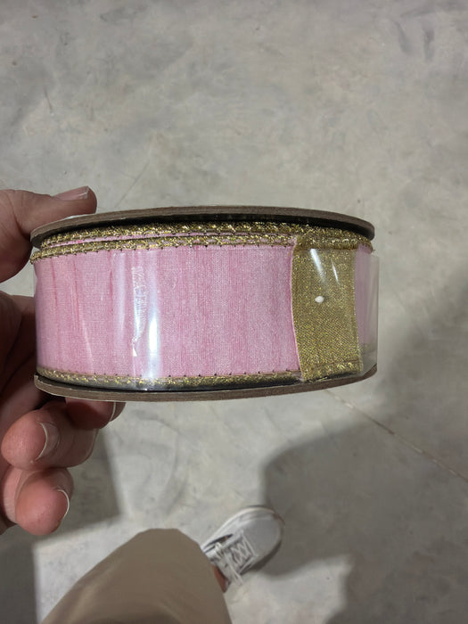 1.5“ x 10yds slub dupion metallic gold back, light pink - DecoExchange®