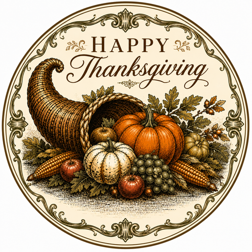 Happy Thanksgiving Round Cornucopia, DBJ-W-0020, DBJ-W, 12in Sign For Wreath, Wood Wreath Sign