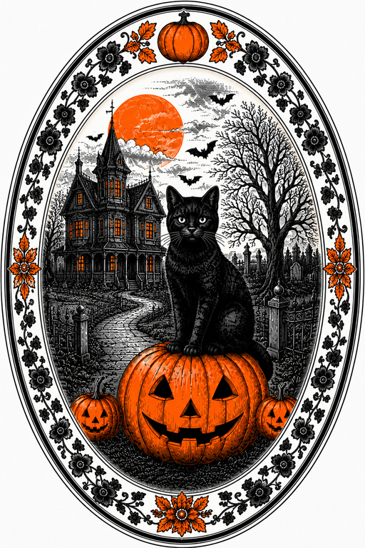Halloween Black Cat Haunted House Oval, DBJ-W-0022, DBJ-W, 12in Sign For Wreath, Wood Wreath Sign