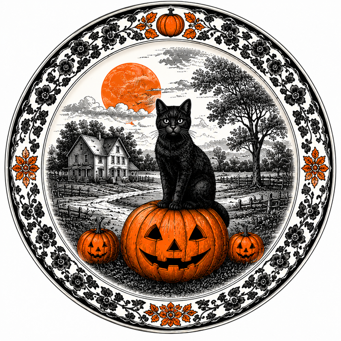 Halloween Black Cat Toile Round, DBJ-W-0028, DBJ-W, 12in Sign For Wreath, Wood Wreath Sign