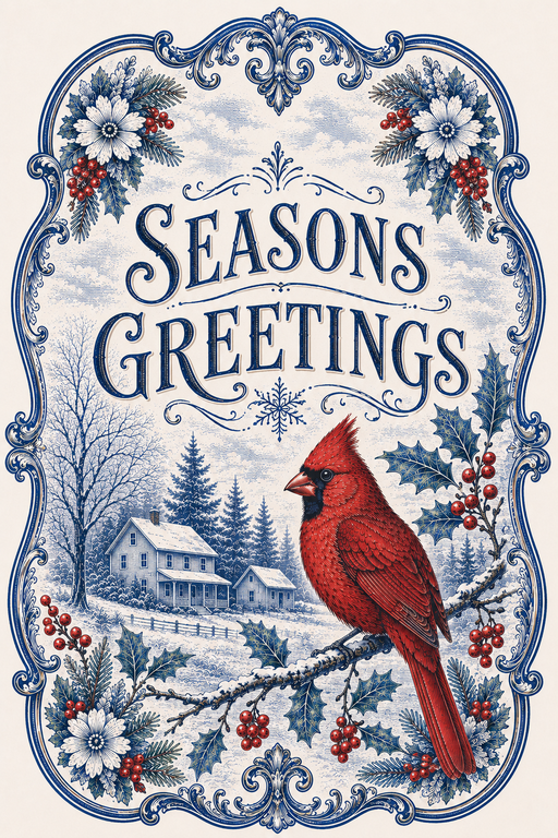 Blue Cardinal Season Greetings, Christmas Sign, DBJ-W-0043, 12in wood Sign For Wreath - DecoExchange®