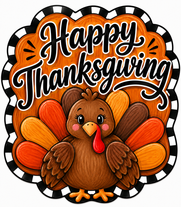 Happy Thanksgiving Turkey Check, DBJ-W-0050, 12in Sign For Wreath, Wood Wreath Sign - DecoExchange®