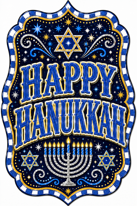 Happy Hanukkah with Menorah and Stars, DBJ-W-0066, 12in Sign For Wreath, Wood Wreath Sign
