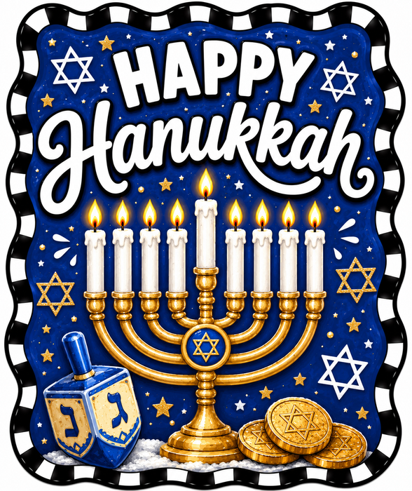 Happy Hanukkah Menorah and Dreidel, DBJ-W-0068, 12in Sign For Wreath, Wood Wreath Sign