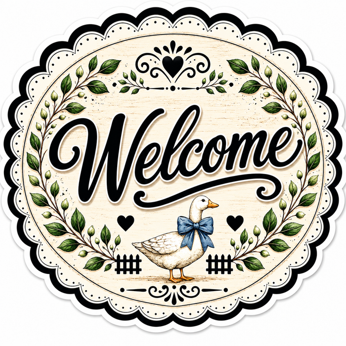Welcome Round Duck with Blue Bow, DBJ-W-0088, 12in Sign For Wreath, Wood Wreath Sign