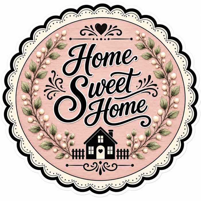Home Sweet Home Round Pink Cottage, DBJ-W-0100, 12in Sign For Wreath, Wood Wreath Sign