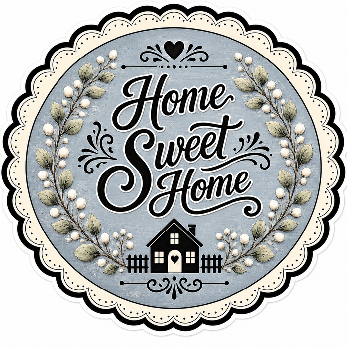 Home Sweet Home Round Blue Cottage, DBJ-W-0111, 12in Sign For Wreath, Wood Wreath Sign