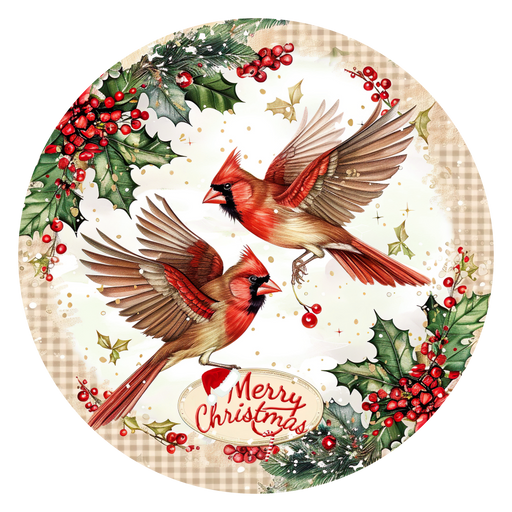 Christmas Cardinals, DCO-102645, Sign For Wreath, 10" Metal Sign - DecoExchange®
