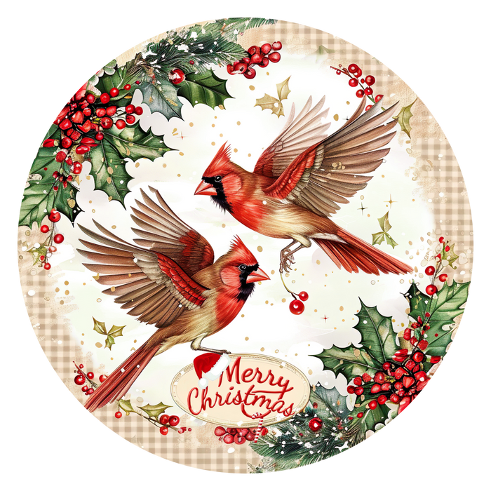 Christmas Cardinals, DCO-102645, Sign For Wreath, 10" Metal Sign - DecoExchange®