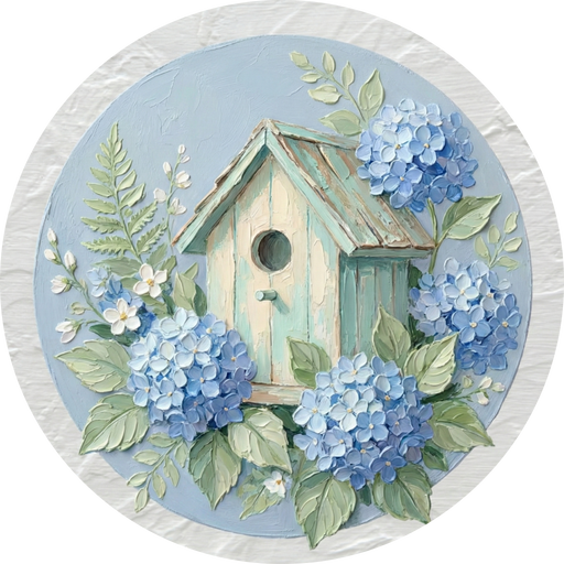 Hydrangea Birdhouse Sign, DCO-102928-D, Sign For Wreath, 10" Wood Sign - DecoExchange®