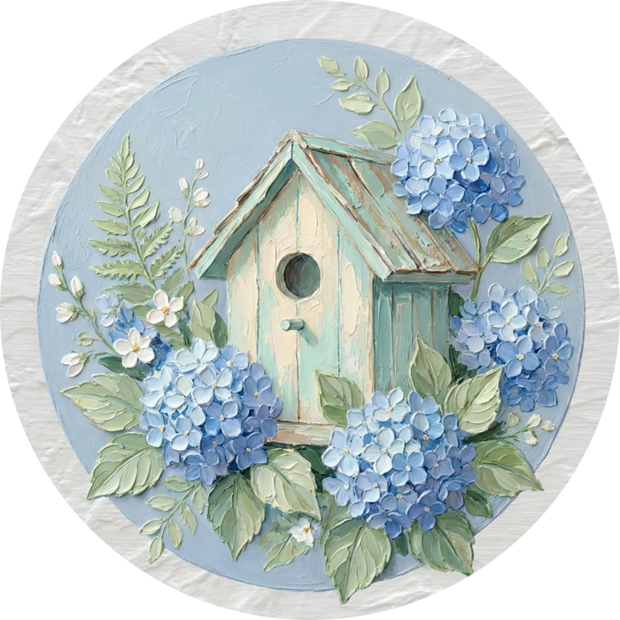 Hydrangea Birdhouse Sign, DCO-102928-D, Sign For Wreath, 10" Wood Sign - DecoExchange®