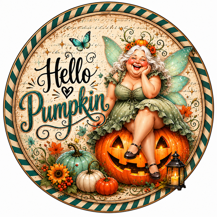 Hello Pumpkin, Fairy Sign, Halloween Sign, DCO-103003-DH, Sign For Wreath, 18" Door Hanger