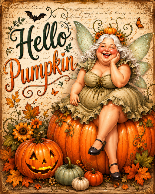 Hello Pumpkin, Fairy Sign, Halloween Sign, DCO-103007, Sign For Wreath, 8x10" Metal Sign