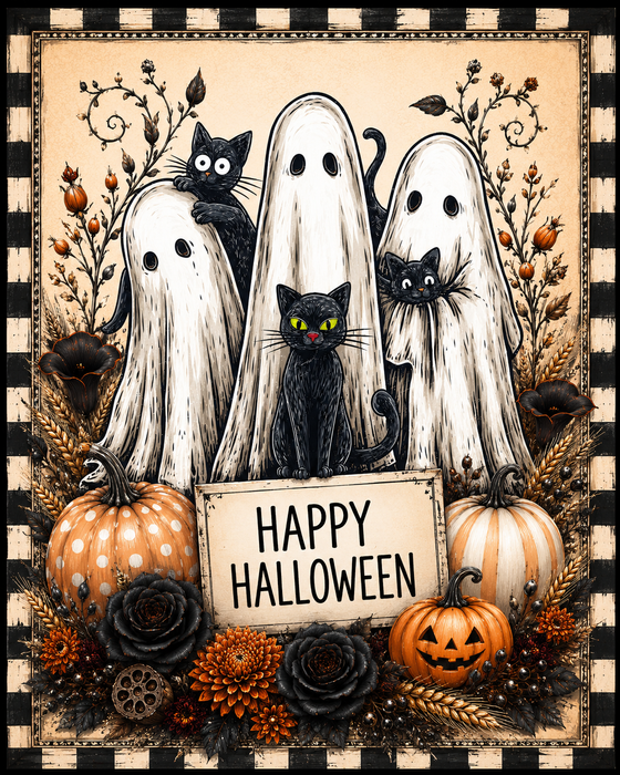 Vintage Ghost and Cats, Halloween Sign, DCO-103025, Sign For Wreath, 8x10" Metal Sign