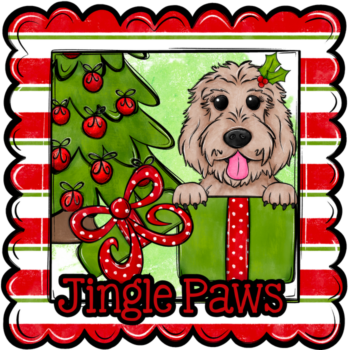 Golden Doodle Wreath Sign, Jingle Paws Dog Sign, 12" Wreath Sign, DCO-W-00114