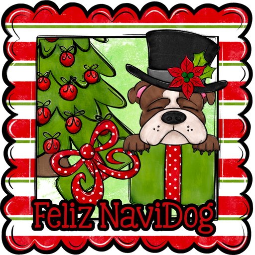 Bull Dog Wreath Sign, Feliz NaviDog Dog Sign, 22" Door Hanger, DCO-W-00119-DH